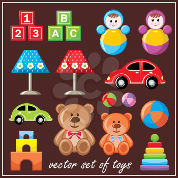 Image of a set of children's toys on a brown background.