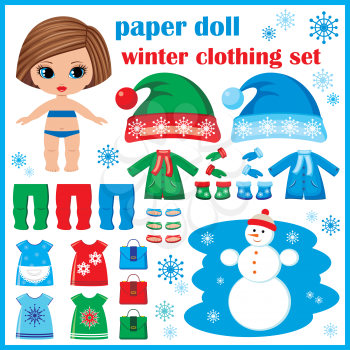 Paper doll with winter clothes set. vector