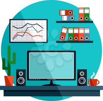 Flat vector illustration with office things, equipment. Vector