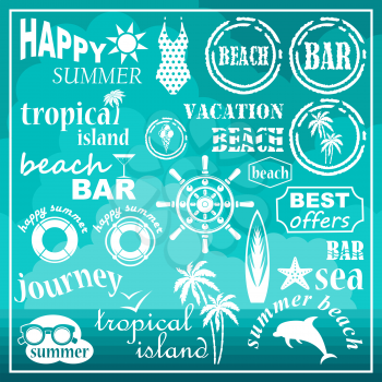 Image of a set of icons for a beach theme and travel.