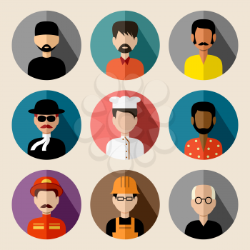 Image of flat round icons with men of different species.  vector illustration
