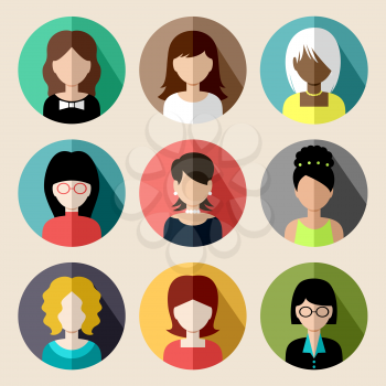 Image of flat round icons with women of different species.  vector illustration