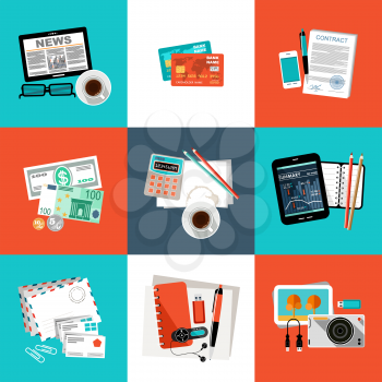 Flat vector set of office things, equipment, objects.  Vector illustration