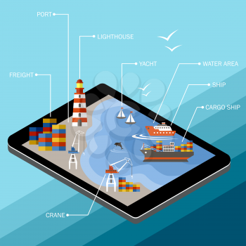 Seaport on the tablet screen. The infrastructure of the port in the style of flat design. Sea transportation. Vector illustration