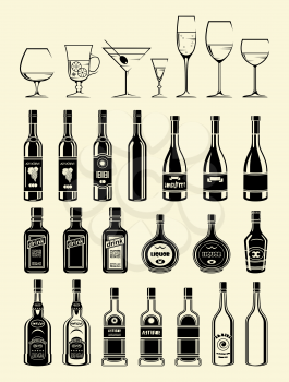 Vector black drinks and beverages icons set. Bottles and glasses. Isolated. Vector illustration