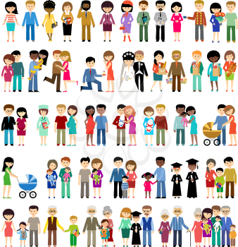 Big set of family life in style flat design on a white background. Parents, children, grandmothers and grandfathers. Vector illustration
