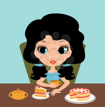 Little girl eats a pie. Vector illustration