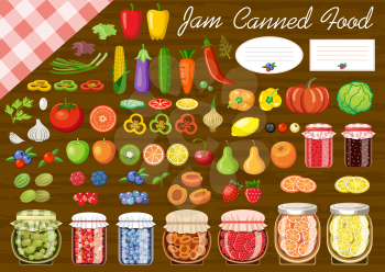 Set of fruit and vegetables for jam and canned food. Label. Vector illustration