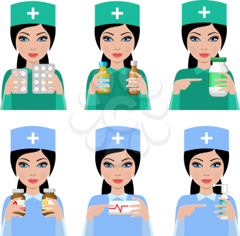 Woman doctor. The pharmacist with drugs. Treatment. Vector