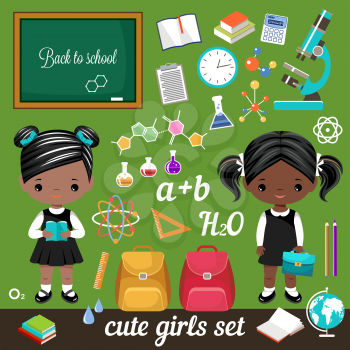 Cute vector schoolgirls and set school supplies. Vector illustration