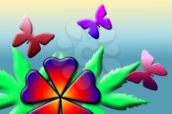 Royalty Free Clipart Image of a Three Butterflies and a Flower