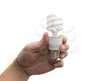 Arm holding energy saving lamp isolated on white 
