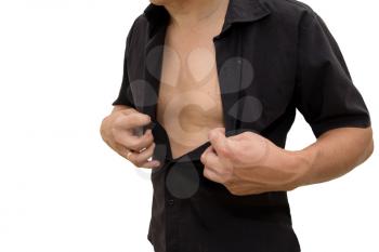 man buttoning a shirt on a white background