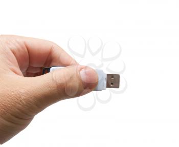 USB flash drive in hand on white background