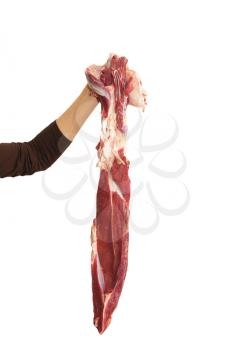 fresh meat in his hands on a white background
