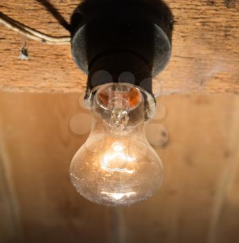 old lamp burning on a wooden ceiling