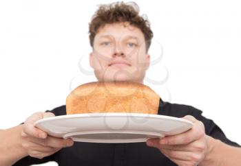man with bread on a white background
