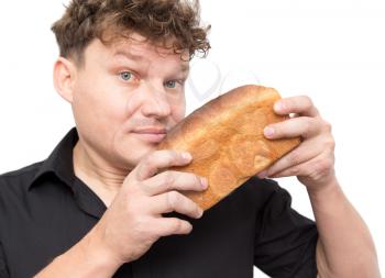 man with bread on a white background