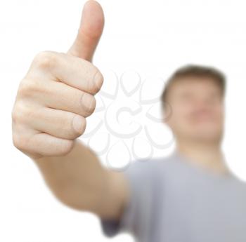 man shows his hand on a white background