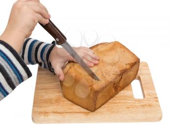 hands on bread on a board on a white background