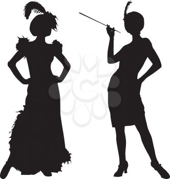 Royalty Free Clipart Image of Silhouettes of Women in Retro Costume