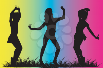Royalty Free Clipart Image of Three Girls in Silhouette Dancing on a Colourful Background