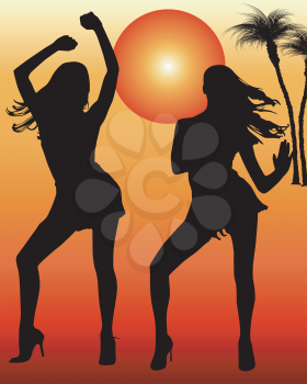 Royalty Free Clipart Image of Two Dancers in Front of a Tropical Sun