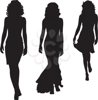 Royalty Free Clipart Image of Silhouettes of Three Women in Dresses