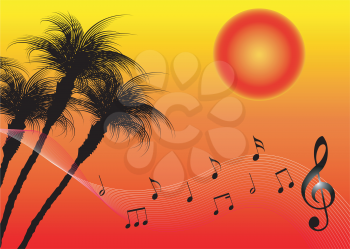 Royalty Free Clipart Image of a Sunset Background With a Treble Clef and Notes