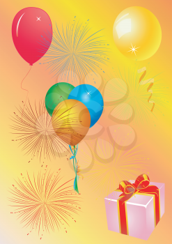 Royalty Free Clipart Image of a Firework and Balloon Background With a Gift in the Corner