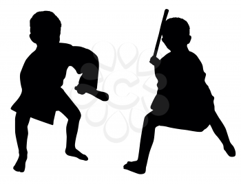 Silhouettes of two little boys who playing karate with stick