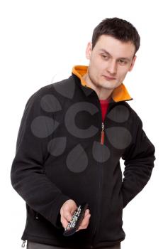 Royalty Free Photo of a Man Holding a Remote