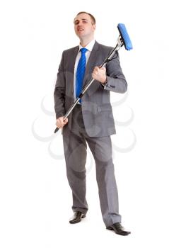 Royalty Free Photo of a Businessman Holding a Mop