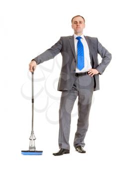 Royalty Free Photo of a Businessman Holding a Mop
