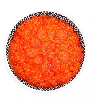 A plate full of fresh red caviar on white background