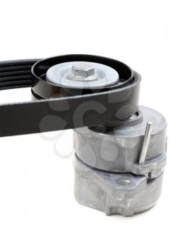 Generator belt tensioner pulley with Poly-V belt. Isolate on white.