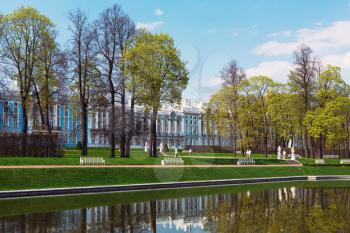 Catherine Palace with a general view of the reflection in the canal