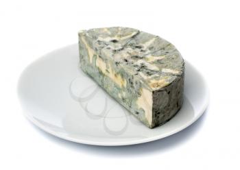 Cheese with black mold on a plate for food lovers. Isolate on white.