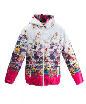 Down jacket with a bright floral pattern, isolate on a white background.