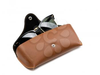 Fashion Sunglasses in brown leather case. Isolate on white.