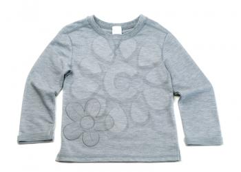 Grey T-shirt with long sleeves and a pattern in the shape of a flower. Isolate on white.