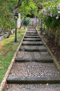 Stairs of stone blocks in the greenery