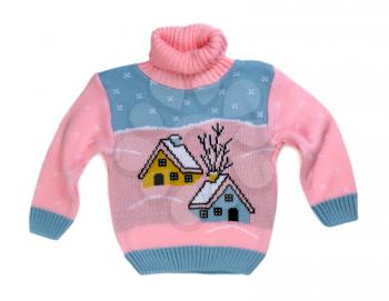 Pink sweater with a pattern of the house. Isolate on white.