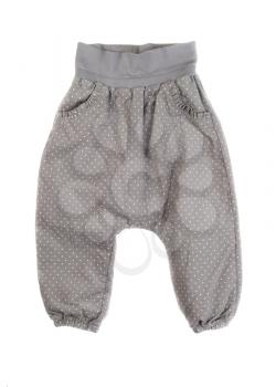 Children's gray pants with white polka dots. Isolate on white.