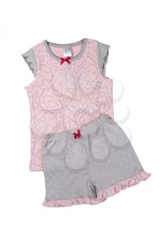 Pink T-shirt and gray shorts set. Isolate on white.