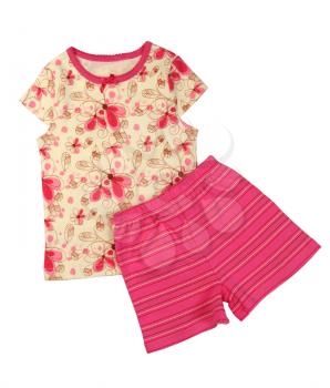 Children's yellow T-shirt and pink shorts set. Isolate on white.