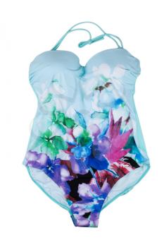 Blue fused swimsuit with floral pattern. Isolate on white background.