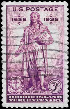 Royalty Free Photo of a 1936 US Stamp With the Statue of Roger Williams (1603-1683), Rhode Island Tercentenary Issue