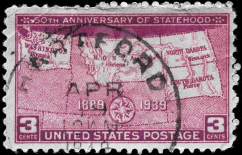 Royalty Free Photo of a 1939 US Stamp Devoted to 50th Anniversary of North and South Dakotas Admission to Statehood