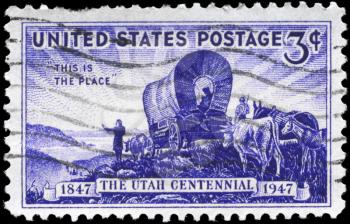 Royalty Free Photo of 1947 US Stamp of Pioneers Entering the Valley of Great Salt Lake, Devoted to Utah Settlement Centenary